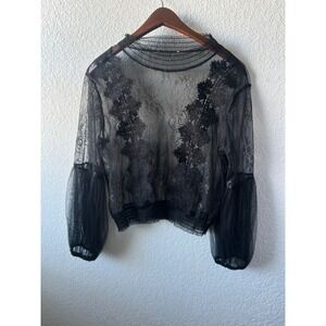 Victorian Black Sheer Floral Lace Lantern Sleeve Mock Neck Blouse Women Large